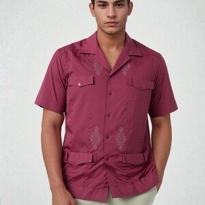 Guayabera Yucateca Princeton Shirt Men MED Short Sleeve Maroon 4 Pocket Vintage